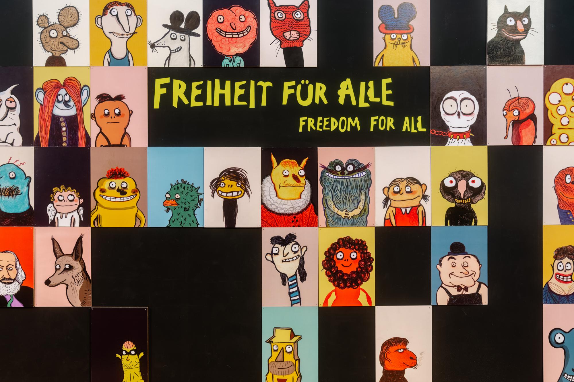 Das Poster der Ausstellung "Freiheit für alle". Es zeigt viele bunte Monster und Fantasiefiguren.