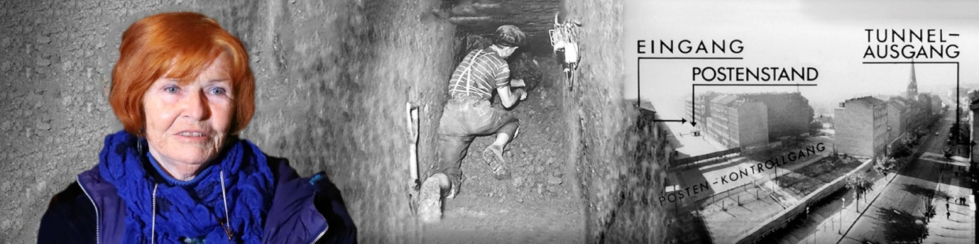 Ein Foto von Eveline Rudolph, einer Frau mit roten Haaren, vor einem schwarzweißen Foto eines Fluchttunnels.