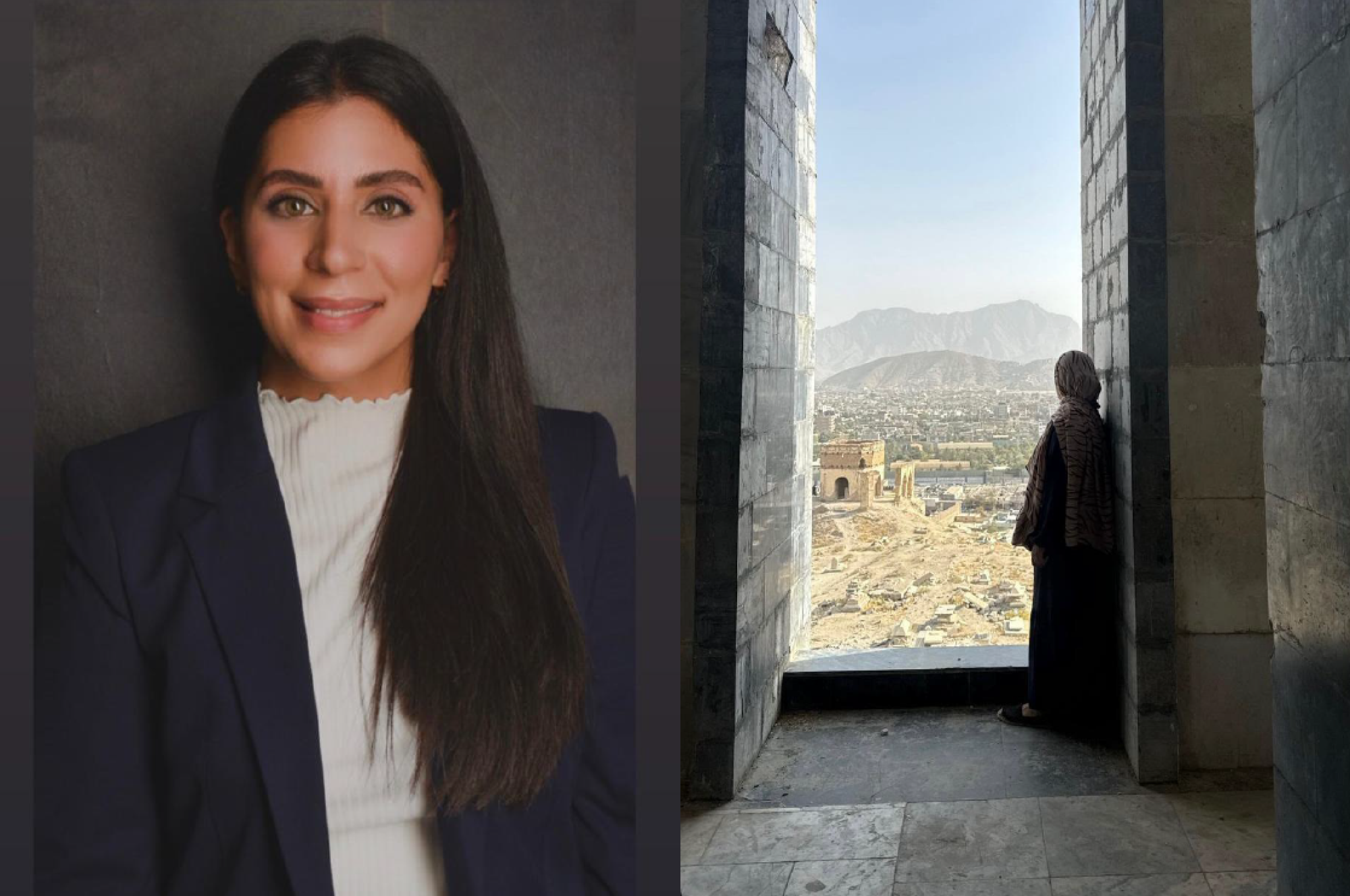 Links ein Bild der Veranstalterin Sanam Ahmadi links, rechts eine Ansicht einer afghanischen Stadt mit einer Frau in der Rückansicht davor.