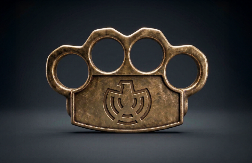 Ein bronzefarbener Schlagring mit dem BND-Logo darauf.