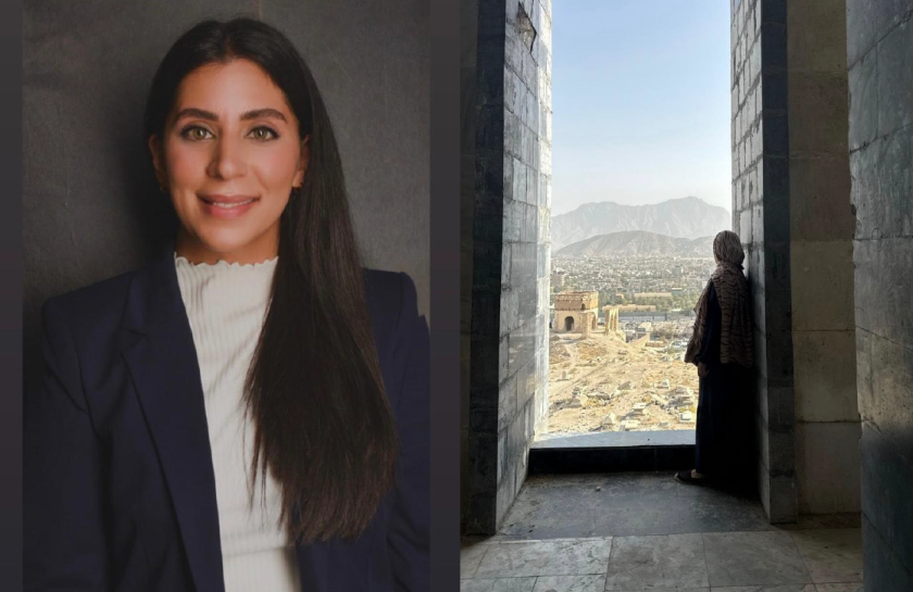 Links ein Bild der Veranstalterin Sanam Ahmadi links, rechts eine Ansicht einer afghanischen Stadt mit einer Frau in der Rückansicht davor.
