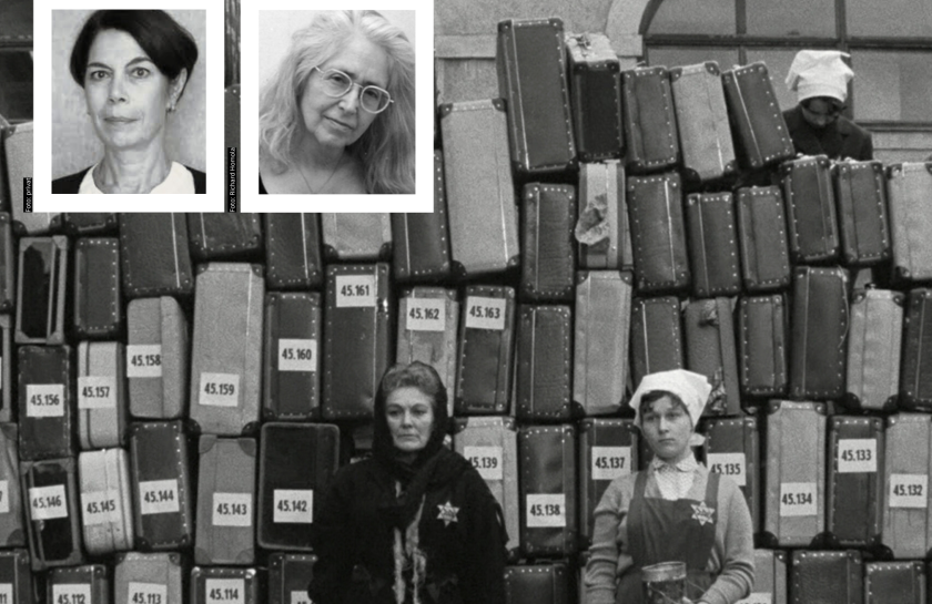 Ein Filmstill: Zwei Frauen in Kleidung aus den 1940ern mit Judensternen stehen vor einer Wand aus Koffern.